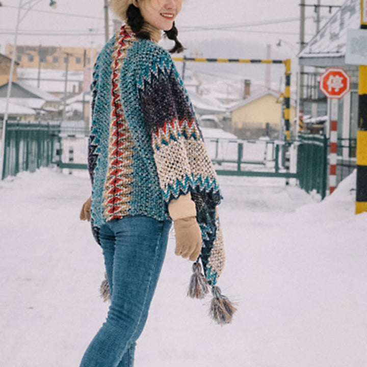 Tibetan Shawl Blue Beige Red Wavy Pattern Winter Warm Tassel Scarf