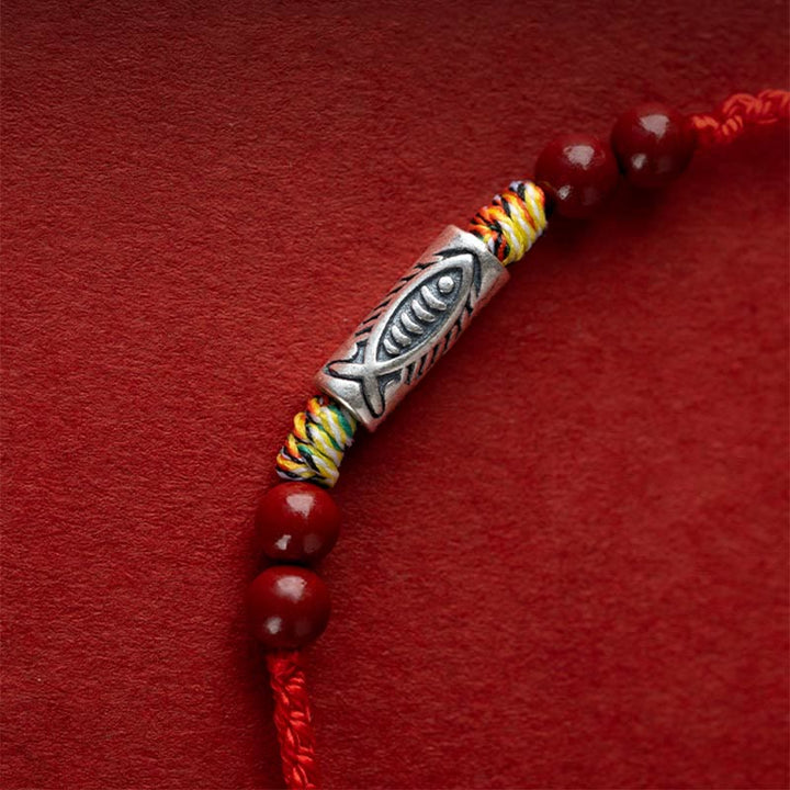 Buddha Stones 925 Sterling Silver Koi Fish Cinnabar Bead Wealth Handcrafted Braided Bracelet Anklet