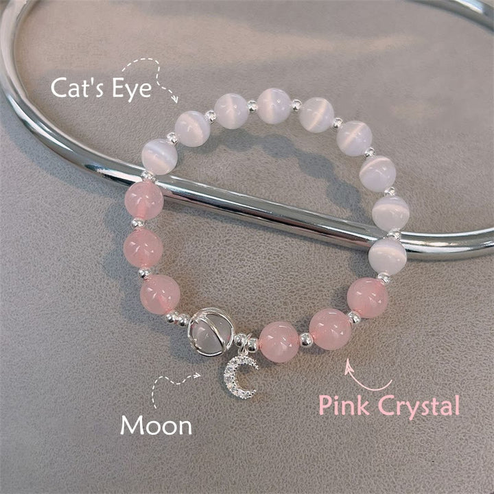 Buddha Stones Natural Cat's Eye Pink Crystal Moon Love Charm Bracelet