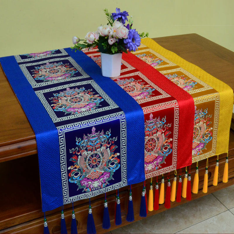 Prayer Altar Mat Man-Bcu Kalachakra Endless Knot Vajra Tibetan Auspicious Symbols Tassels Table Runner