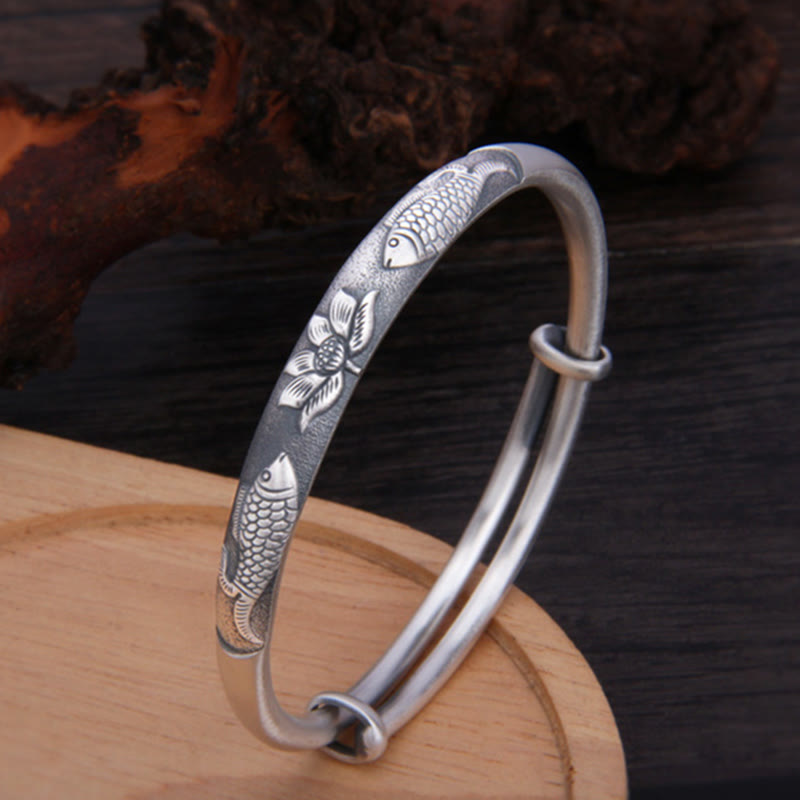 Buddha Stones 999 Sterling Silver Koi Fish Lotus Wealth Luck Bracelet Bangle