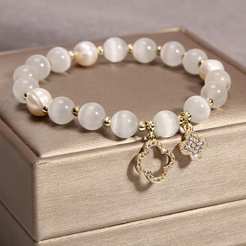 Buddha Stones Cat's Eye Lovely Cat Pattern Pearl Love Charm Bracelet