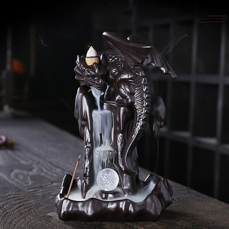 Nordic Dragon Ceramic Backflow Smoke Fountain Meditation Healing Incense Burner Led Ball Decoration