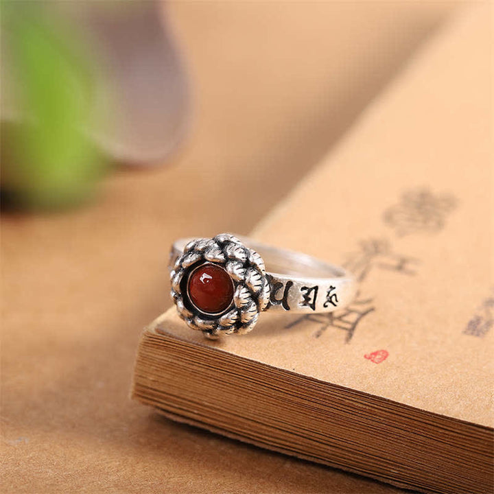 925 Sterling Silver Lotus Red Agate Confidence Blessing Ring