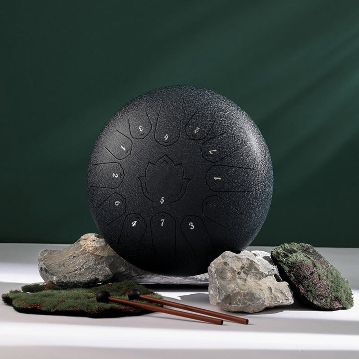 Buddha Stones Steel Tongue Drum Sound Healing Mindfulness Lotus Pattern Yoga Drum Kit 13 Note 12 Inch Percussion Instrument