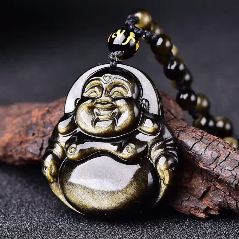 Buddha Stones Laughing Buddha Gold Sheen Obsidian Wealth Necklace Pendant