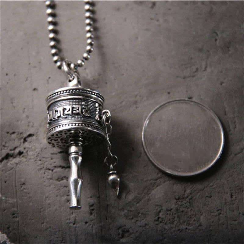 925 Sterling Silver Om Mani Padme Hum Prayer Wheel Purity Rotatable Necklace Pendant