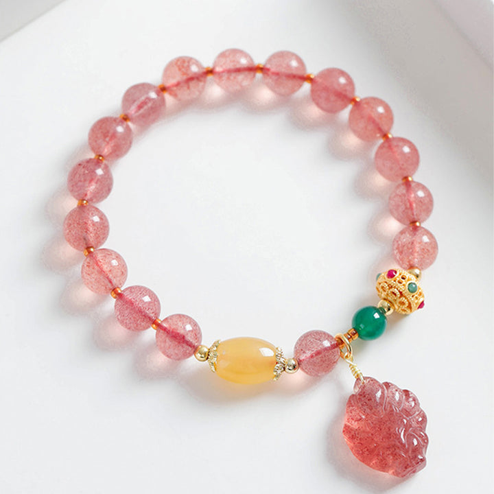 Buddha Stones Natural Strawberry Quartz Nine-Tailed Fox Healing Bracelet