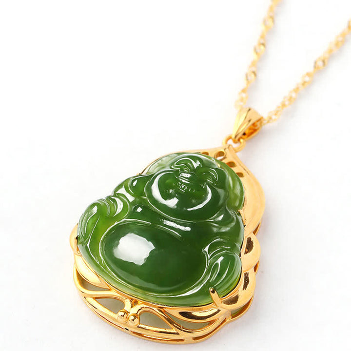 925 Sterling Silver Natural Hetian Cyan Jade Laughing Buddha 18K Gold Healing Necklace Chain Pendant