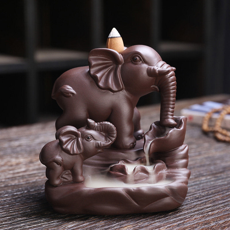 Tibetan Elephant Purple Clay Backflow Smoke Fountain Protection Incense Burner Decoration
