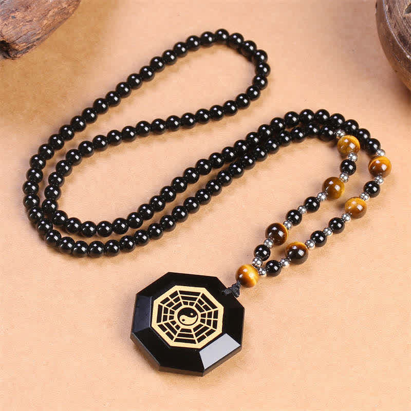 Bagua Yin Yang Black Obsidian Purification Beaded Necklace Pendant