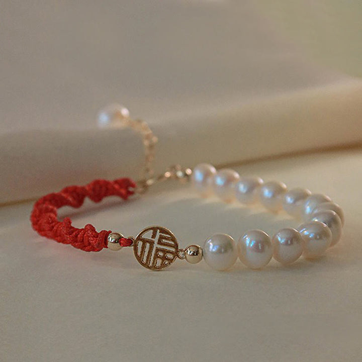 14K Gold Plated Pearl Bead Luck Protection Braid Red String Bracelet