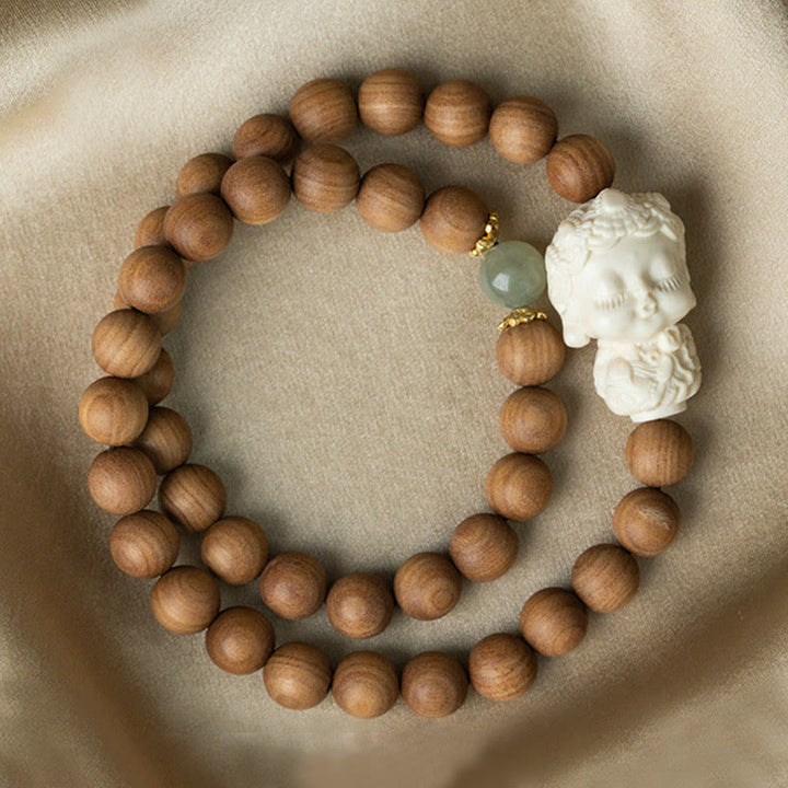 Buddha Stones Sandalwood Hetian Jade Ivory Fruit Green Tara Protection Bracelet