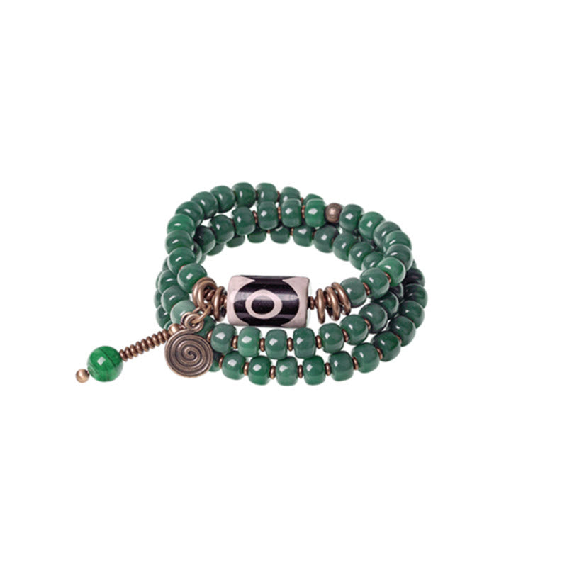 Cyan Bodhi Seed Dzi Bead Wisdom Peace Triple Wrap Bracelet