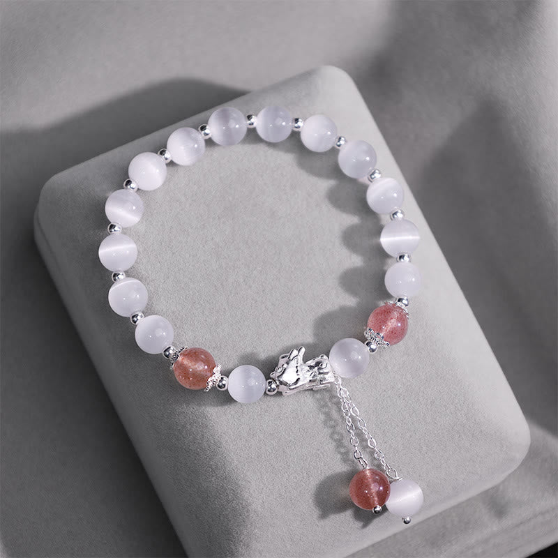 Buddha Stones Natural Cat's Eye Moonstone Strawberry Quartz PiXiu Support Bracelet