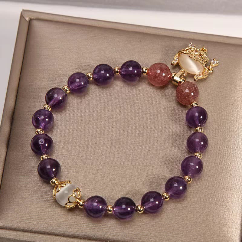 Buddha Stones Natural Amethyst Strawberry Quartz Cat Eye Chinese Lock Charm Healing Bracelet