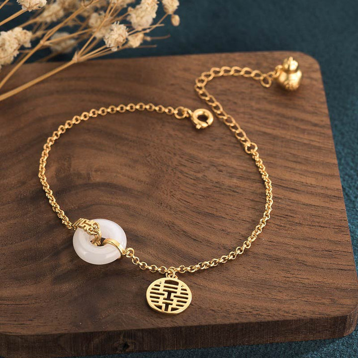 Buddha Stones White Jade Double Happiness Fortune Bracelet