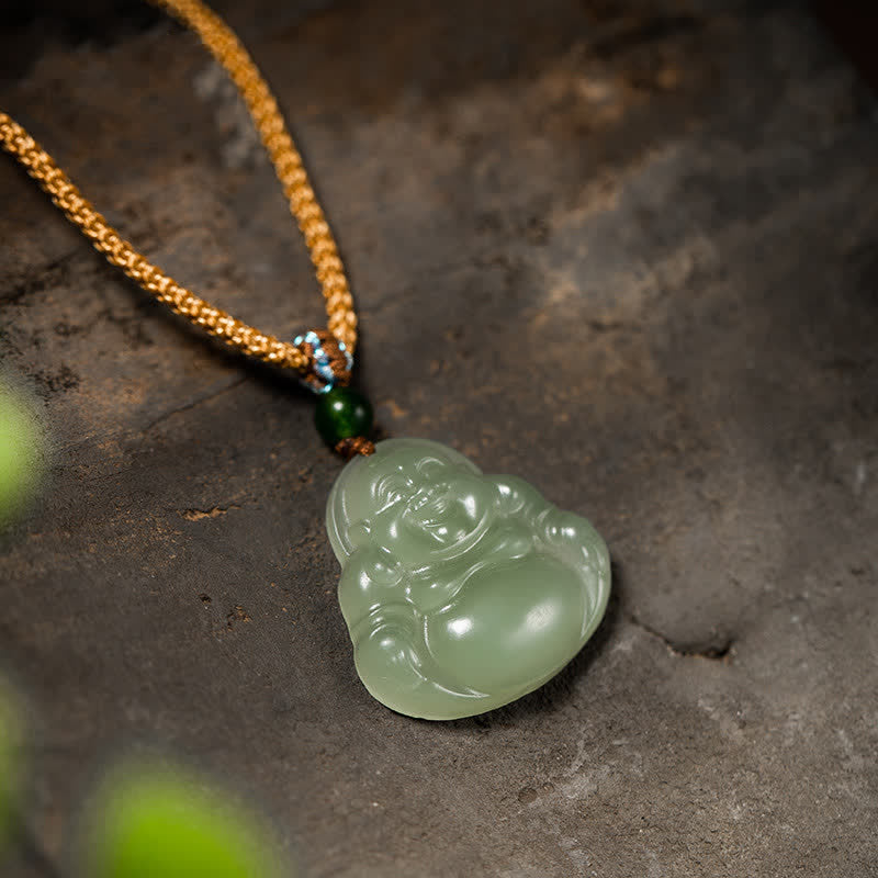 Laughing Buddha Jade Lotus Prosperity String Necklace Pendant