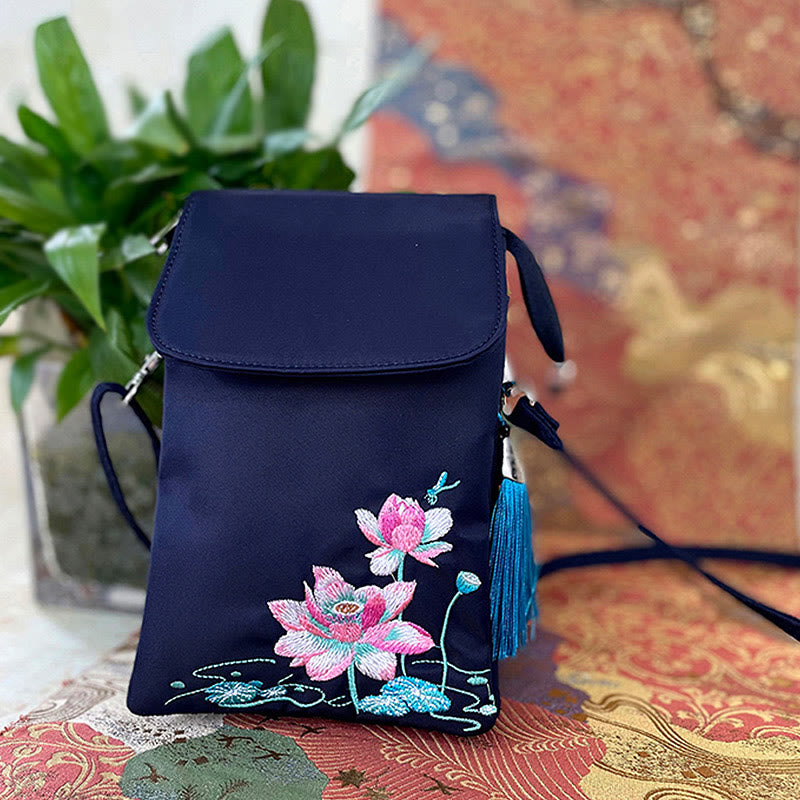 Waterproof Handmade Embroidered Lotus Flowers Crossbody Bag Shoulder Bag Cellphone Bag