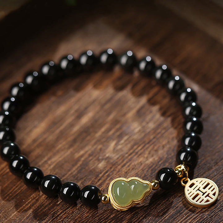 Natural Black Obsidian Hetian Jade Gourd Double Happiness Strength Bracelet