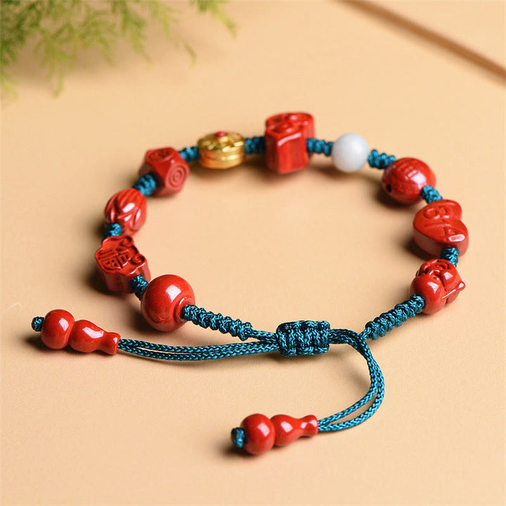 Natural Cinnabar Gourd Om Mani Padme Hum Laughing Buddha Blessing String Bracelet