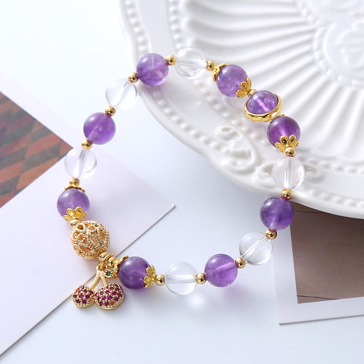 Buddha Stones Natural Amethyst White Crystal Positive Cherry Charm Bracelet