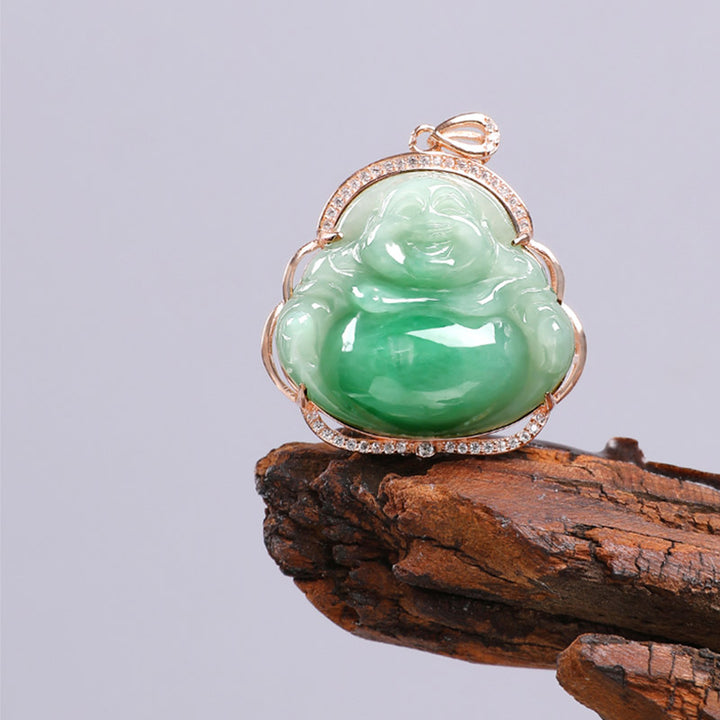 925 Sterling Silver Laughing Buddha Natural Jade Prosperity Necklace Chain Pendant