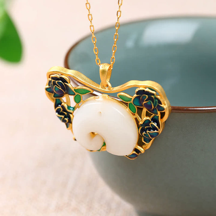 White Jade Elephant Butterfly Lotus Success Necklace Chain Pendant