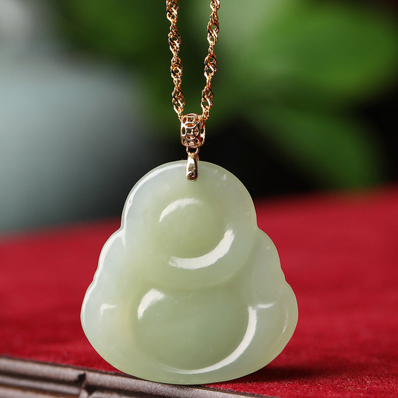 925 Sterling Silver Laughing Buddha Cyan Jade 18K Gold Success Necklace Pendant