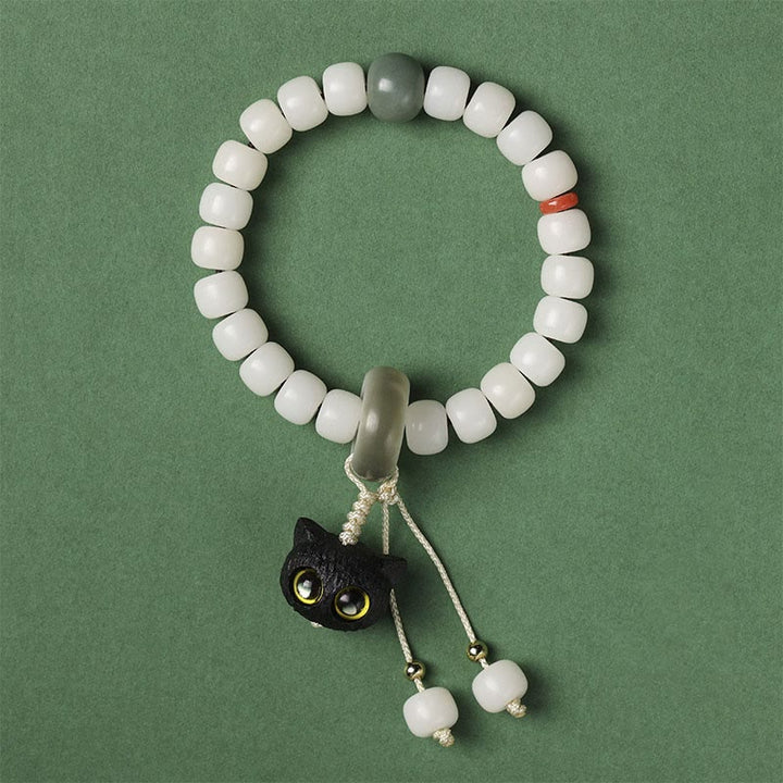 Buddha Stones Natural Bodhi Seed African Blackwood Lovely Cat Charm Peace Harmony Bracelet