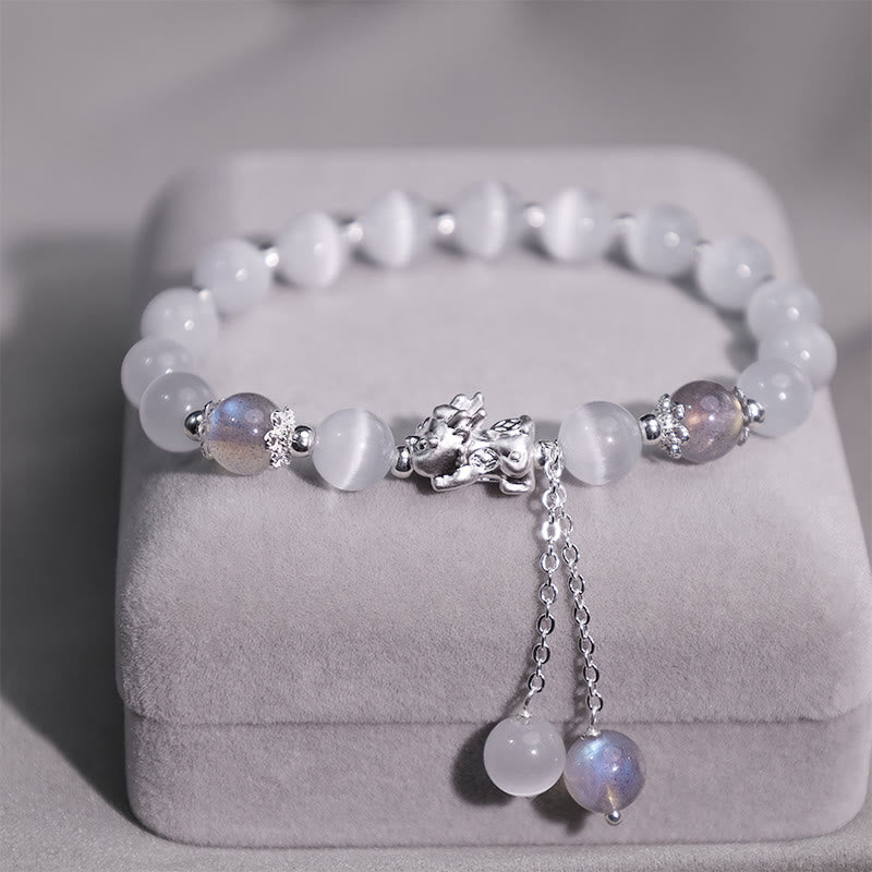 Buddha Stones Natural Cat's Eye Moonstone Strawberry Quartz PiXiu Support Bracelet