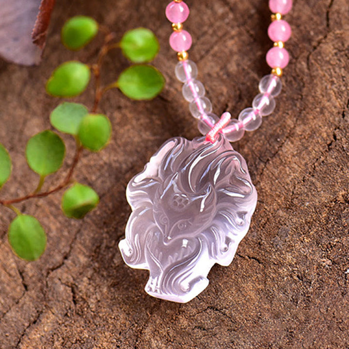 Buddha Stones Natural Pink Crystal Nine Tailed Fox Love Necklace Pendant