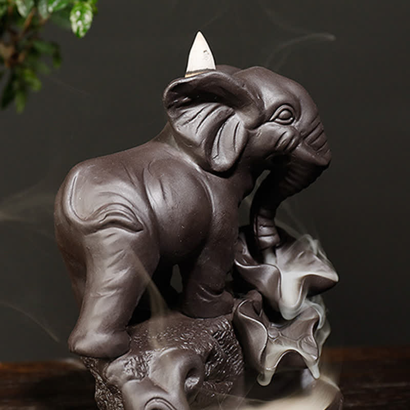 Tibetan Elephant Purple Clay Backflow Smoke Fountain Peace Healing Incense Burner Decoration