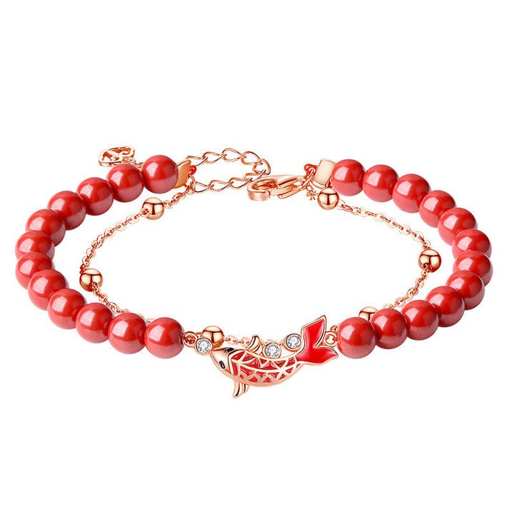 Buddha Stones 925 Sterling Silver Lucky Koi Fish Cinnabar Zircon Prosperity Double Layer Chain Bracelet