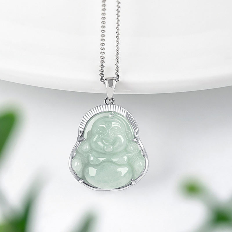 Buddha Stones '925 Sterling Silver Laughing Buddha Jade Luck Calm Necklace Chain Pendant