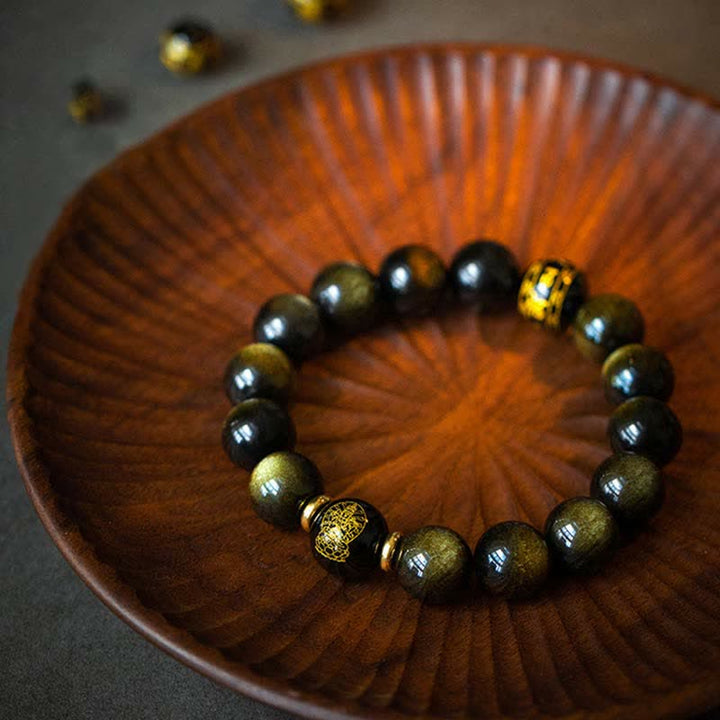 Chinese Zodiac Natal Buddha Gold Sheen Obsidian Wealth Protection Bracelet