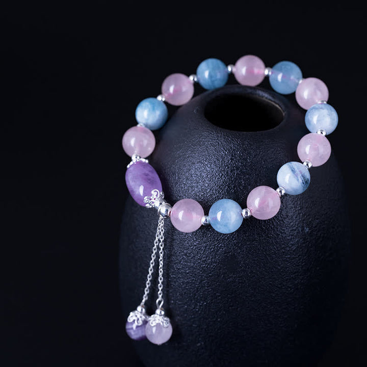 925 Sterling Silver Natural Crystal Purple Mica Stone Aquamarine Amethyst Healing Bracelet