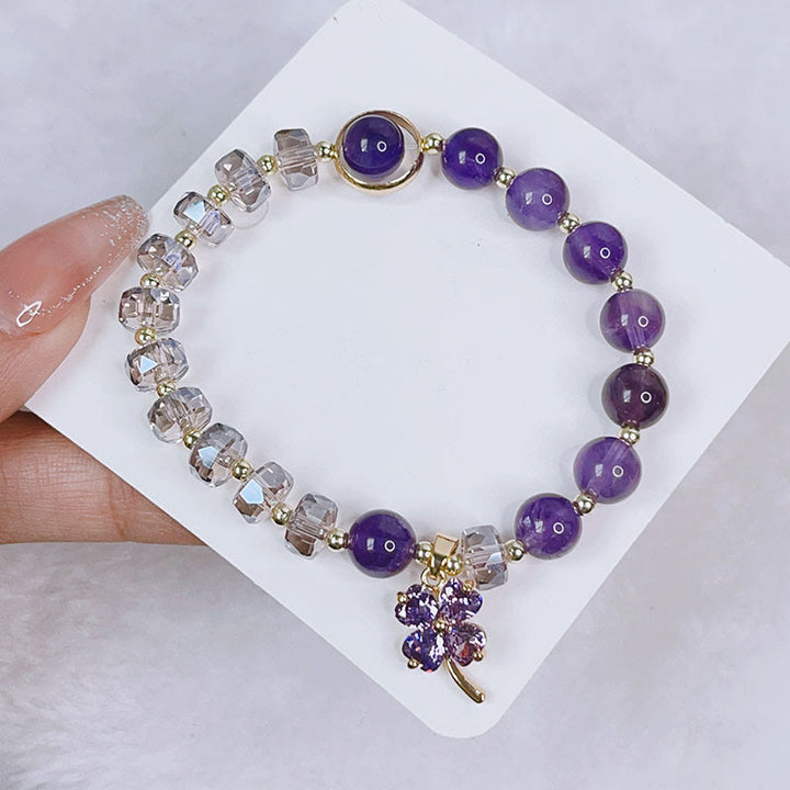 Buddha Stones Amethyst Crystal Four Leaf Clover Healing Charm Bracelet