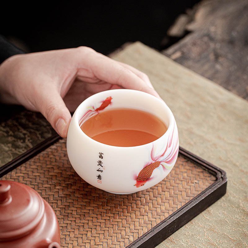 Buddha Stones Koi Fish White Porcelain Ceramic Teacup Kung Fu Tea Cup