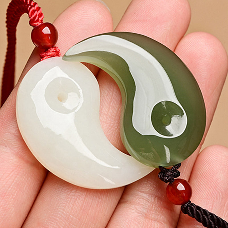 Yin Yang White Jade Cyan Jade Protection Blessing Necklace String Pendant