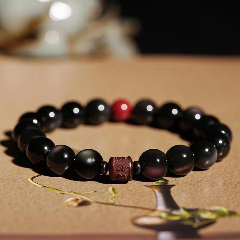 Buddha Stones Natural Gold Sheen Obsidian Rainbow Obsidian Om Mani Padme Hum Fu Character Healing Bracelet