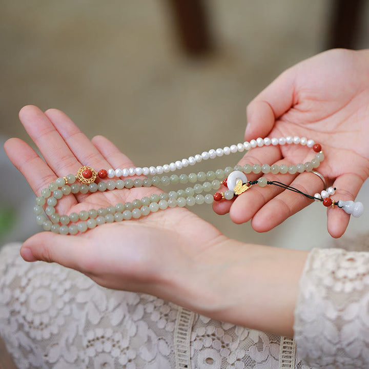 Buddha Stones 925 Sterling Silver Plated Gold Natural Hetian Jade Pearl Butterfly Gourd Luck Bracelet