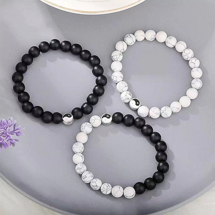 Buddha Stones 3pcs Natural White Turquoise Frosted Stone Bead Yin Yang Wealth Bracelet