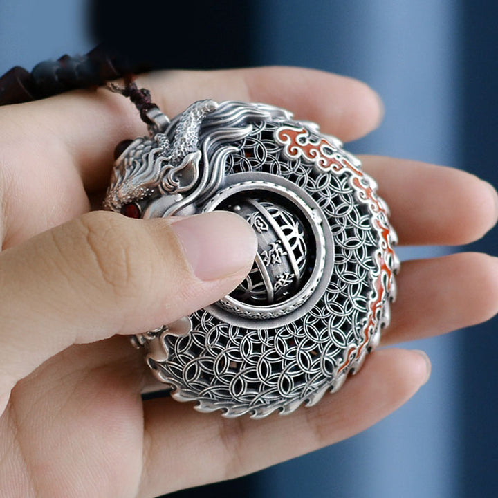 Buddha Stones 999 Sterling Silver Year of the Dragon Rotatable Ball Five Elements Copper Coin Strength Hanging Decoration