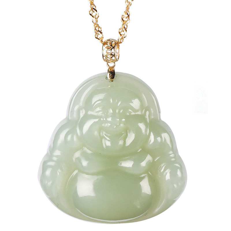 925 Sterling Silver Laughing Buddha Cyan Jade 18K Gold Success Necklace Pendant