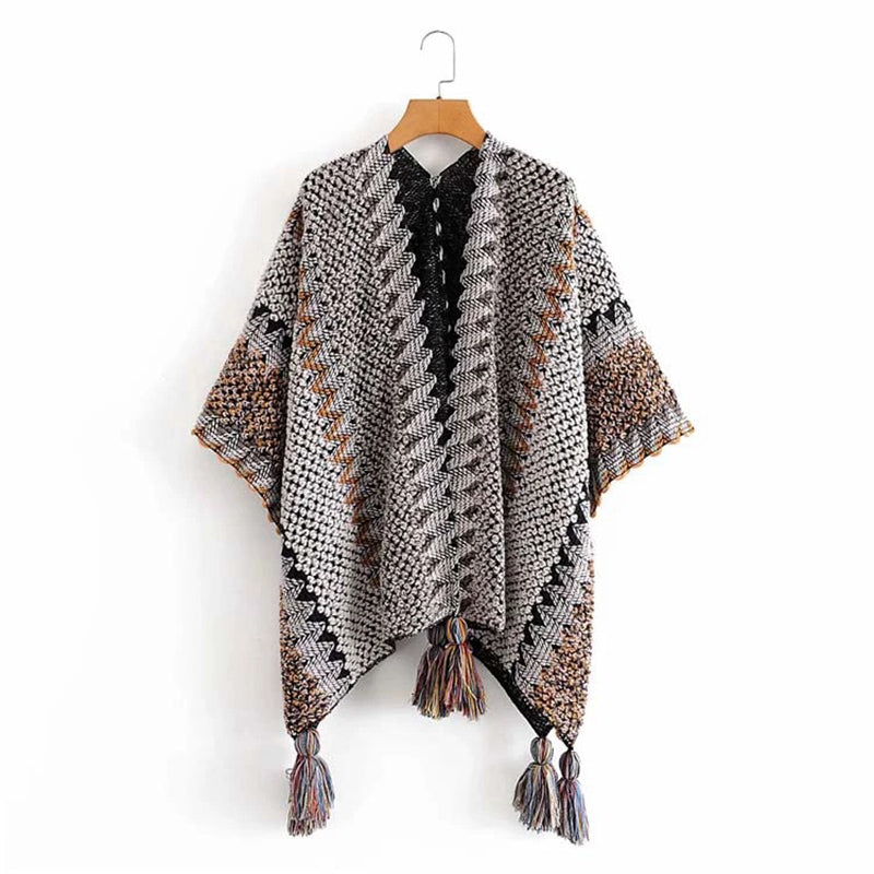 Buddha Stones Tibetan Shawl Gray Brown Striped Knitted Tassels Winter Cozy Travel Scarf Wrap