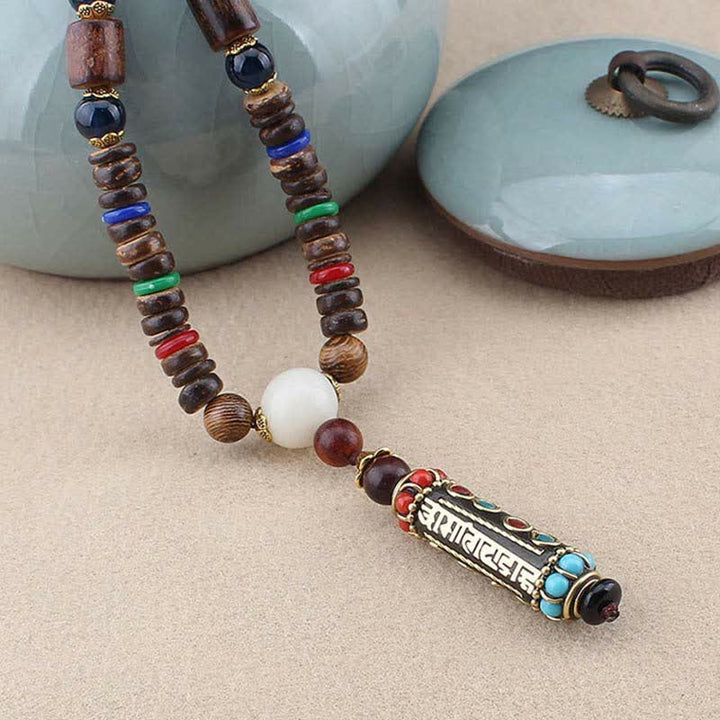 Buddha Stones Tibetan Om Mani Padme Hum Dzi Bead Wenge Wood Necklace Pendant