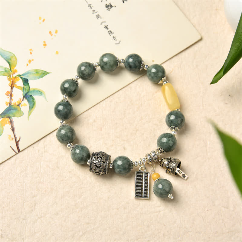 925 Sterling Silver Cyan Jade Amber Abacus Lucky Cat Success Bracelet