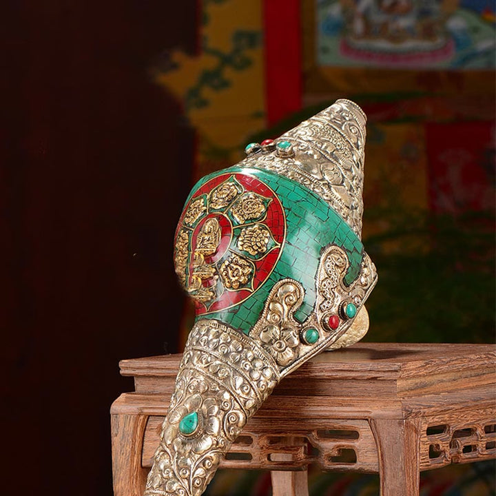 Tibetan Handmade Engraved Shankha Double Dorje Buddha Conch Shell Wealth Positive Decoration