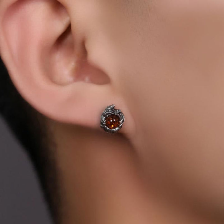 925 Sterling Silver Natural Amber Dragon Success Protection Stud Earring